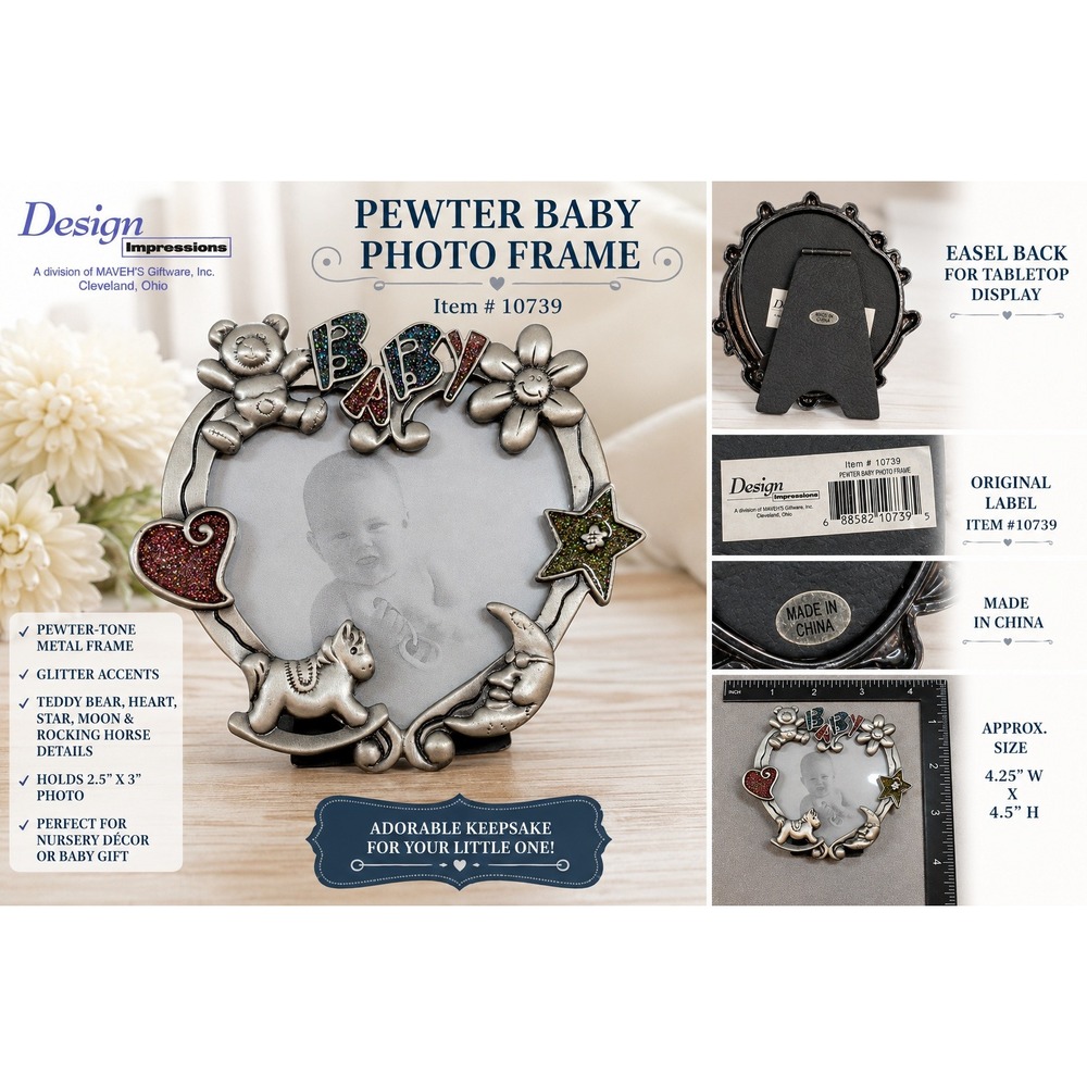 Design Impressions Pewter Baby Photo Frame Heart Teddy Bear Rocking Horse 10739